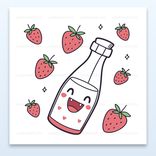 Illustration kawaii d'une bouteille joyeuse avec fraises, idéale pour papeterie et déco.
