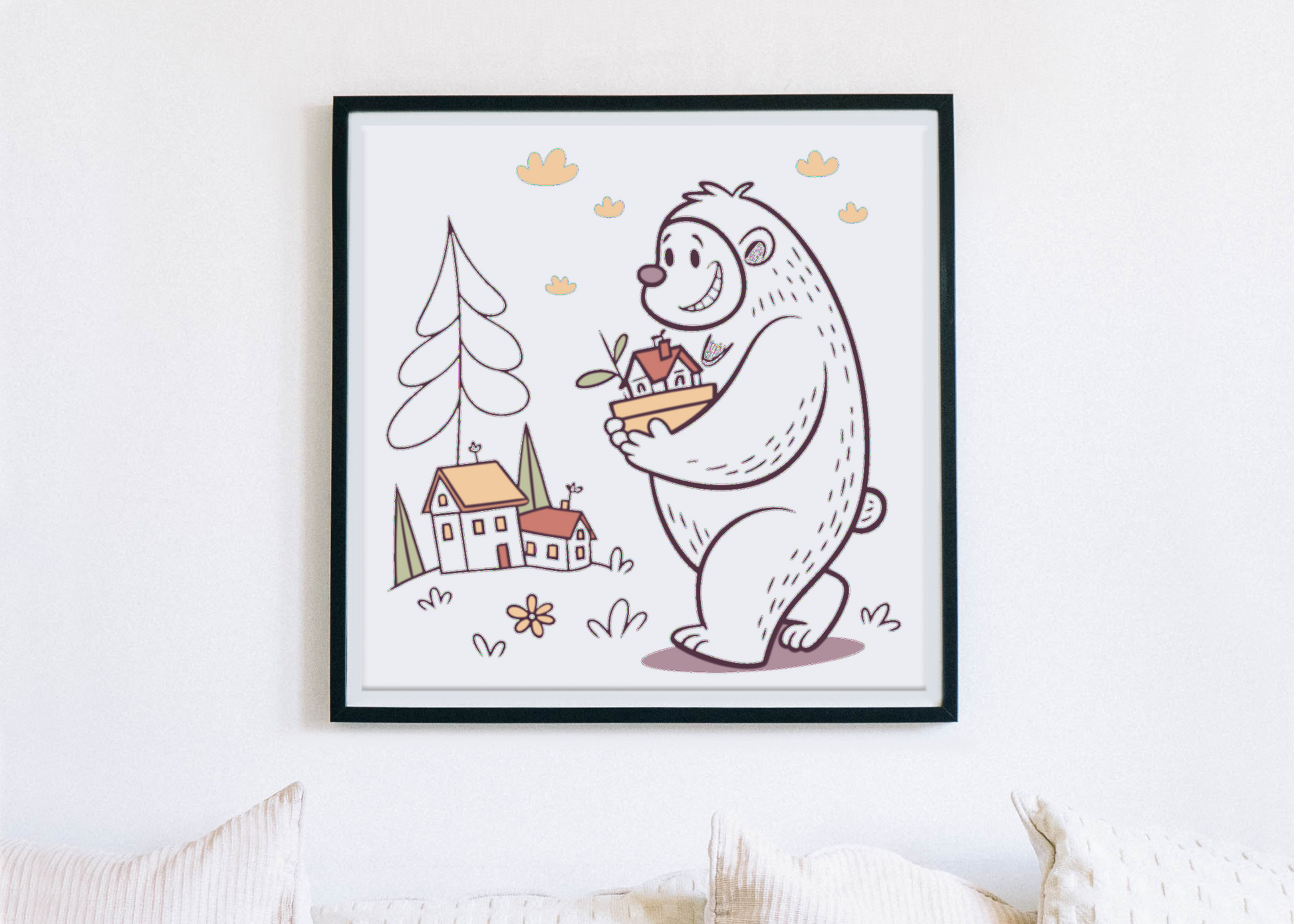 Cadre avec doodle d'un ours portant des maisons, style forestier amical et moderne