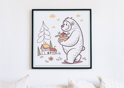 Cadre avec doodle d'un ours portant des maisons, style forestier amical et moderne