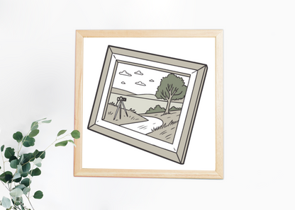 Cadre avec scène naturelle épurée style champêtre et icône végétale simple