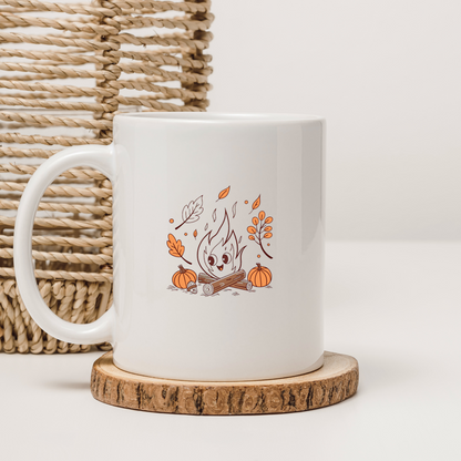 Mug avec flamme automnale joyeuse, ambiance cosy et couleurs chaleureuses