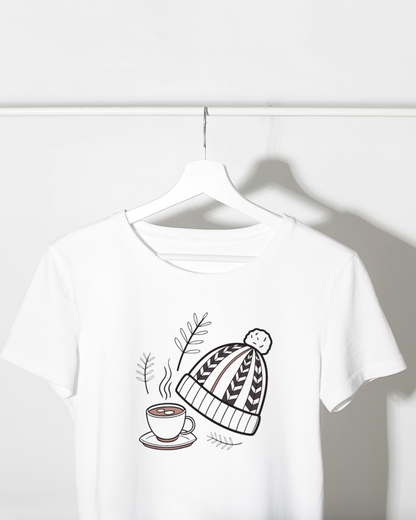T-shirt minimaliste avec icône hivernale, ambiance cosy et chaleur textile