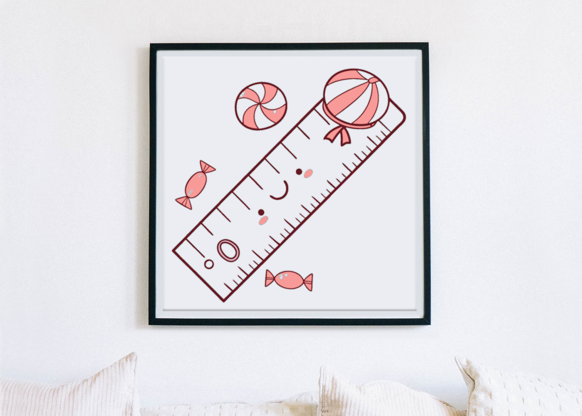 Cadre décoratif avec motif kawaii de règle souriante et bonbons joyeux