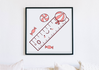 Cadre décoratif avec motif kawaii de règle souriante et bonbons joyeux