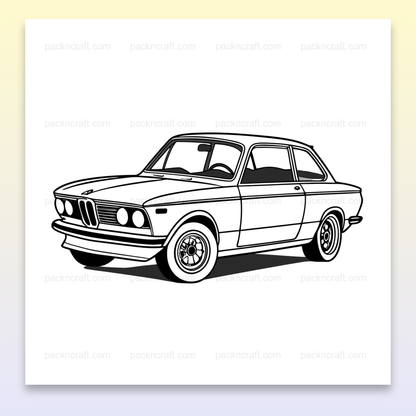 Dessin BMW 2002 vintage, idéal pour stickers et affiches., Tasse avec illustration BMW vintage pour amateurs de voitures rétro., T-shirt avec BMW vintage, parfait pour les tenues décontractées., Cadre murale avec illustration BMW 2002 pour décoration intérieur., Sticker vintage de la BMW 2002, parfait pour personnalisation.