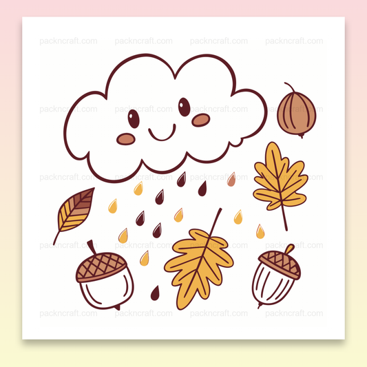 Nuage souriant avec feuilles d'automne, illustration kawaii pour projets créatifs