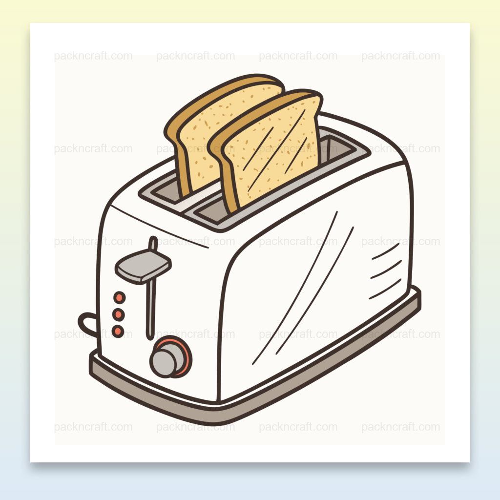 Illustration doodle de grille-pain avec toasts dorés, idéale pour papeterie et déco.