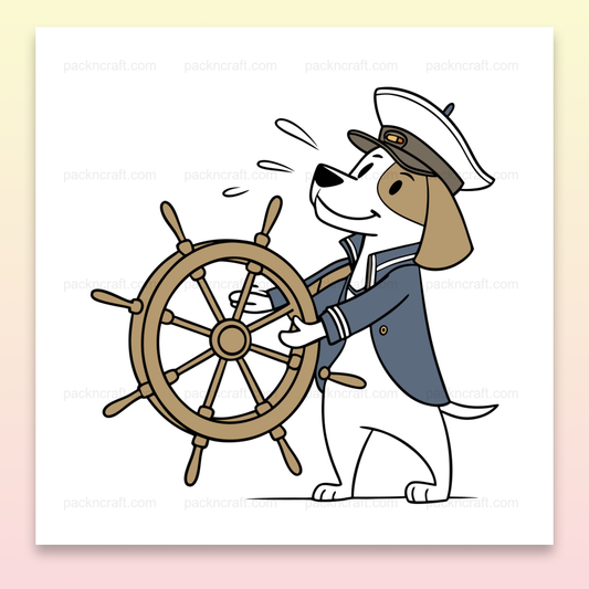 Illustration d'un chien capitaine à la barre en style cartoon, idéale pour DIY nautique.