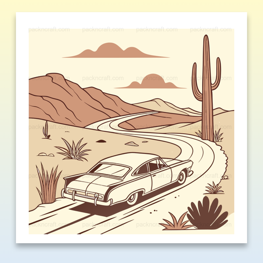 Illustration rétro de voiture vintage sur une route sinueuse au coucher du soleil