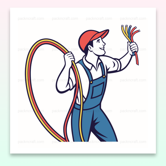 Illustration vintage électricien avec câbles pour projets DIY., Motif d'électricien vintage pour mugs et supports imprimables., Design artistique pour maillots avec électricien et câbles., Sticker électricien joyeux, idéal pour déco et projets créatifs., Cadre décoratif électricien et câbles pour intérieurs modernes.