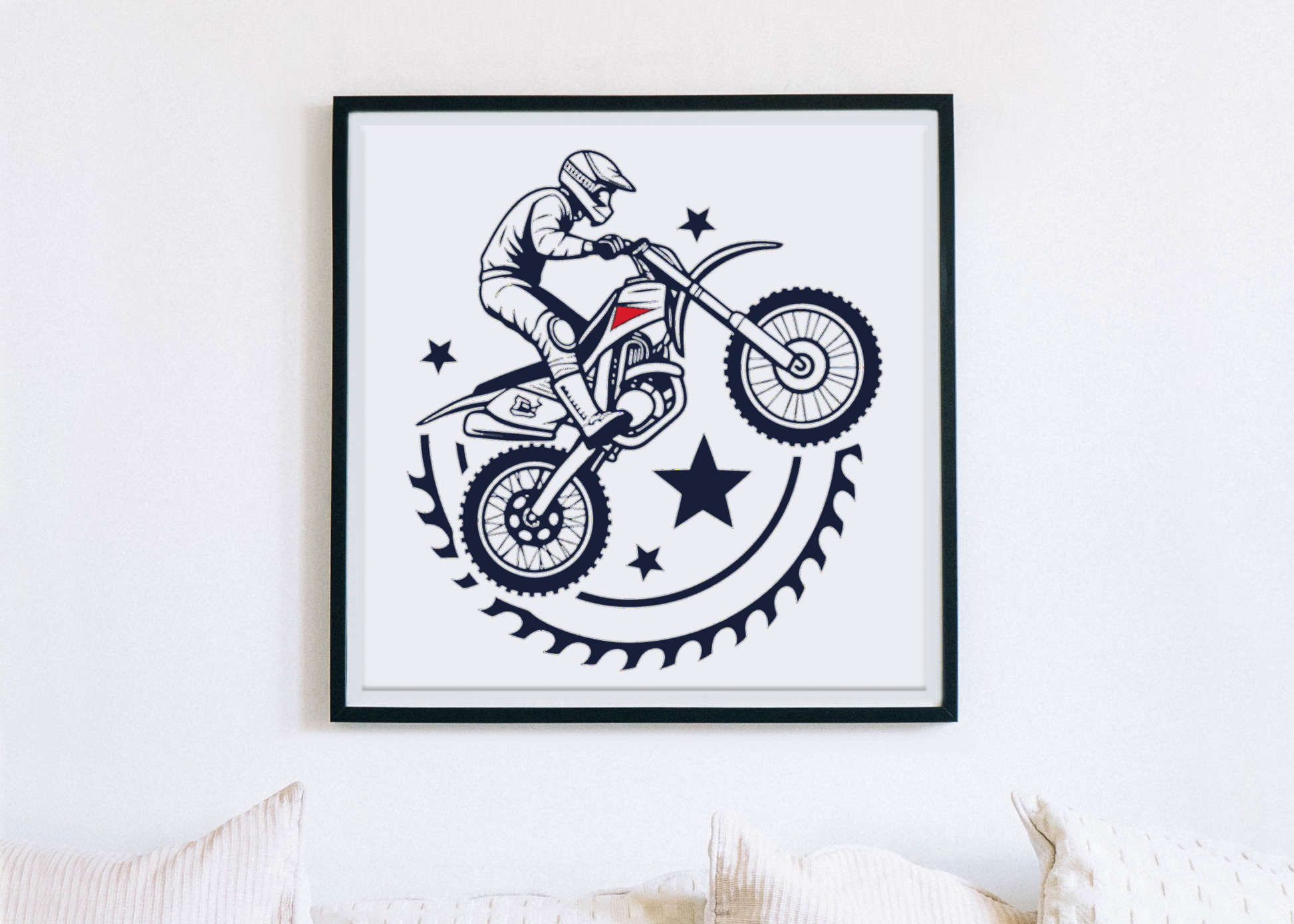 Cadre déco avec motard stylisé, dynamique et plein d'énergie, idéal pour passionnés