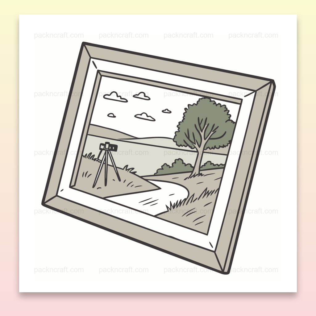 Illustration de paysage avec appareil photo, style minimaliste SVG, pour projets créatifs.