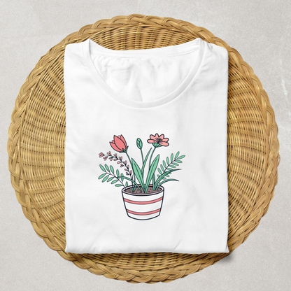 T-shirt vibrant avec fleurs printanières en pot style jardin couleur vectorielle