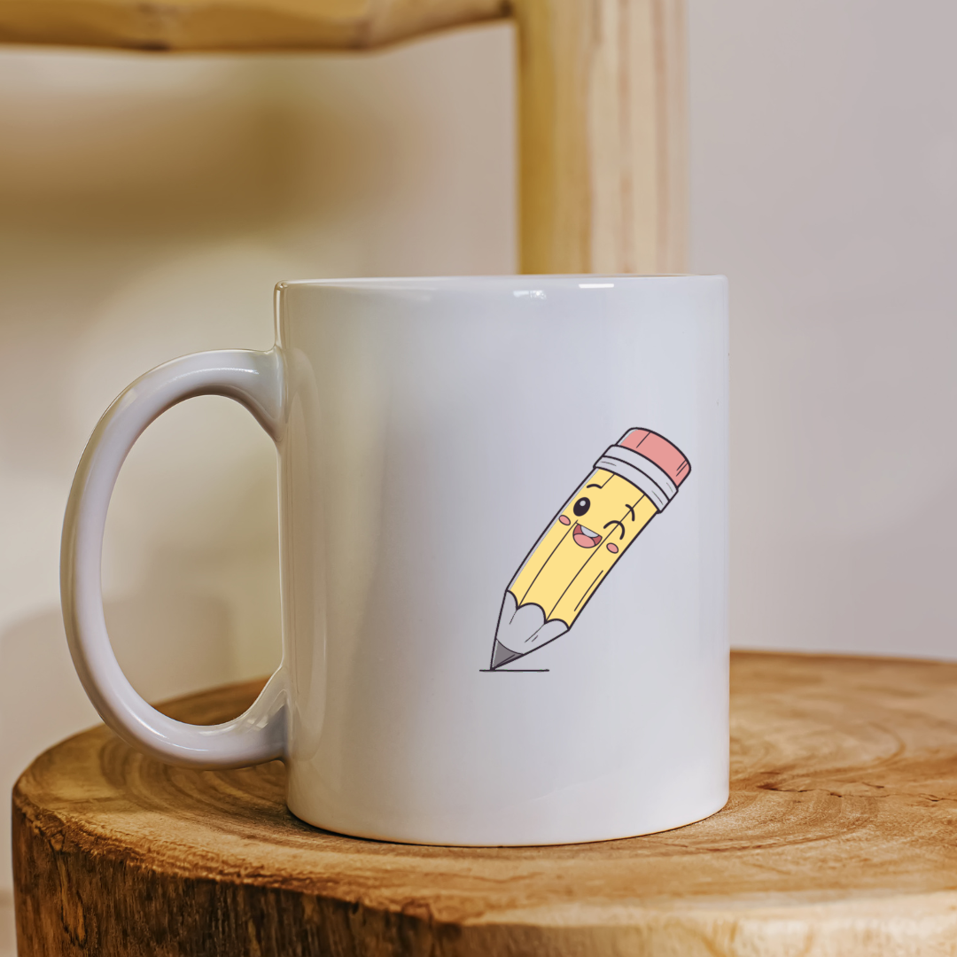 Mug avec un crayon joyeux en couleur dans un style ludique et scolaire