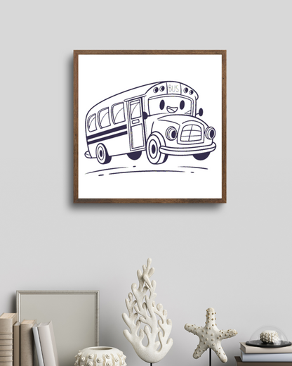 Cadre joyeux arborant un autobus coloré, style cartoon amusant propice à l'école