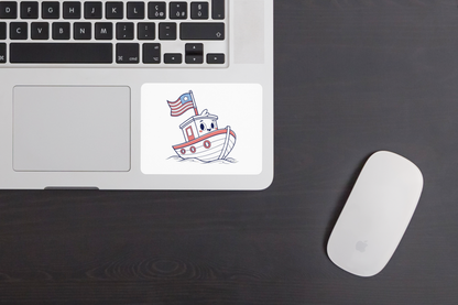Sticker avec dessin décoratif de bateau souriant sur fond nautique pour aventure joyeuse