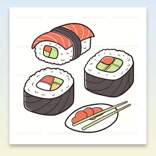Illustration kawaii de sushis gourmands, parfaite pour stickers et déco culinaire