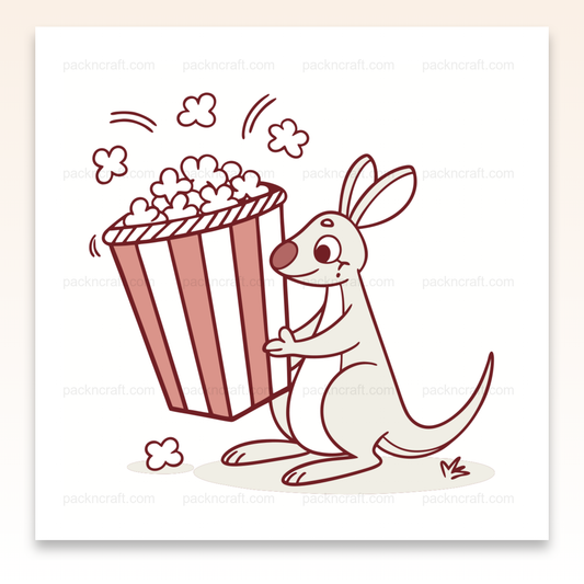 Illustration d'un kangourou joyeux mangeant du popcorn, utilisable pour décoration ou projets créatifs.
