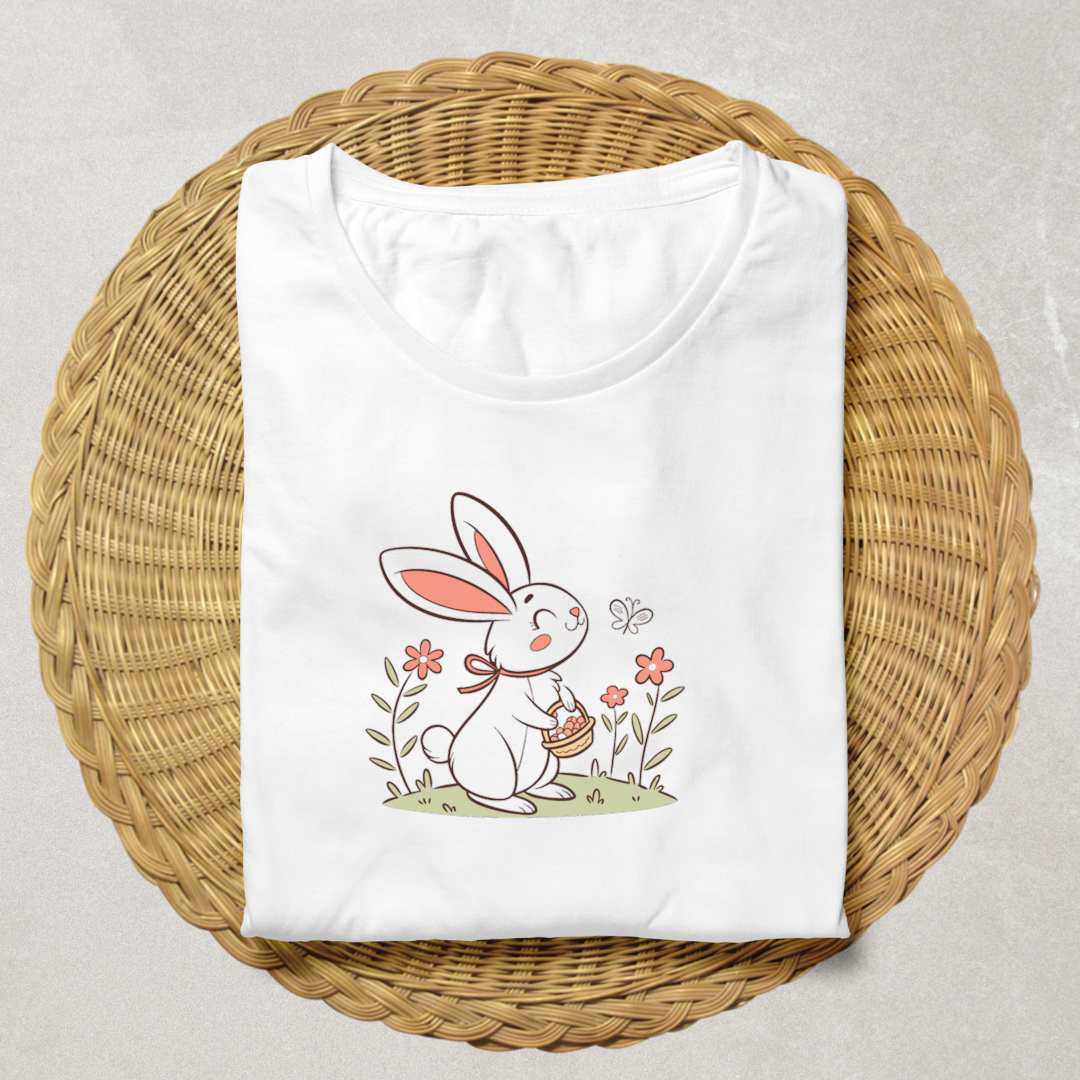T-shirt pastel avec un lapin joyeux dans un décor de printemps fleuri