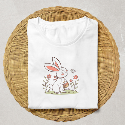 T-shirt pastel avec un lapin joyeux dans un décor de printemps fleuri