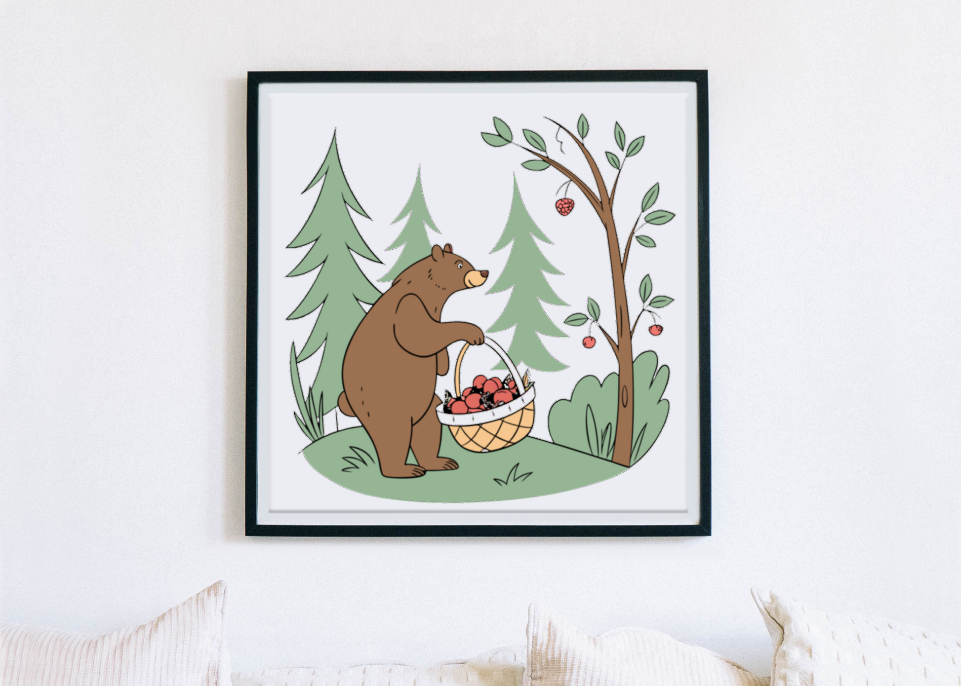 Cadre avec un ours en style vectoriel doux dans une forêt magique récoltant des fruits