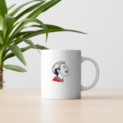 Mug avec dessin ludique, garçon joyeux moderne sur fond coloré, thème enfance