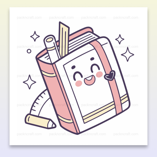 Illustration kawaii de cahier heureux avec crayon, idéale pour projets éducatifs et créatifs