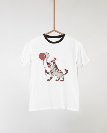 T-shirt avec une hyène joyeuse et colorée entourée de ballons pour une fête animée