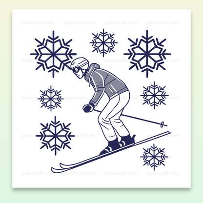 Illustration d'un skieur en pleine action avec des flocons de neige, idéale pour créations hivernales.