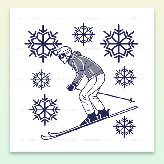 Illustration d'un skieur en pleine action avec des flocons de neige, idéale pour créations hivernales.