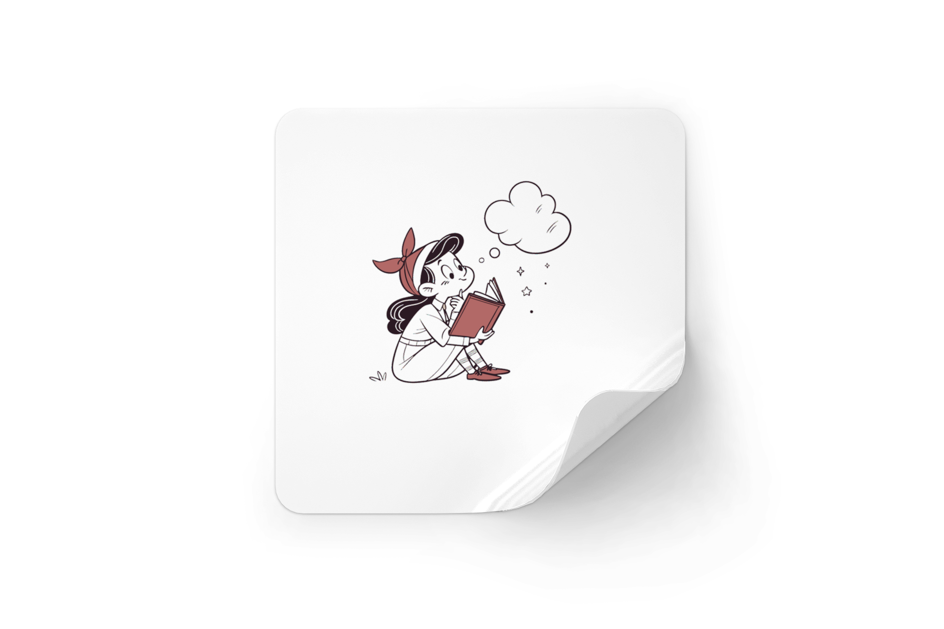 Sticker décoratif rétro avec fille rêveuse et livre dans un style imaginaire