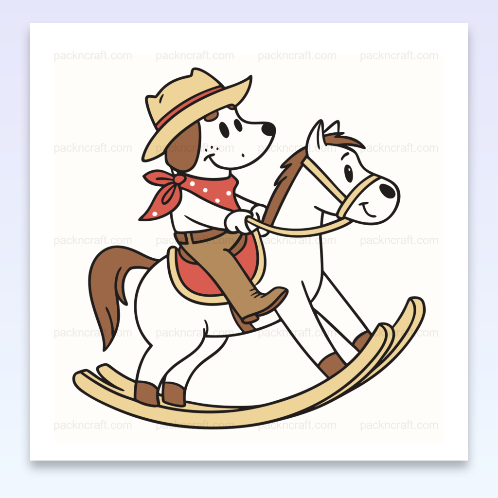 Illustration vectorielle d'un chien cow-boy sur un cheval à bascule, idéale pour déco et projets créatifs.