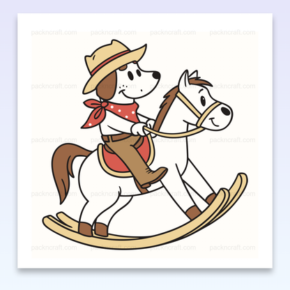Illustration vectorielle d'un chien cow-boy sur un cheval à bascule, idéale pour déco et projets créatifs.