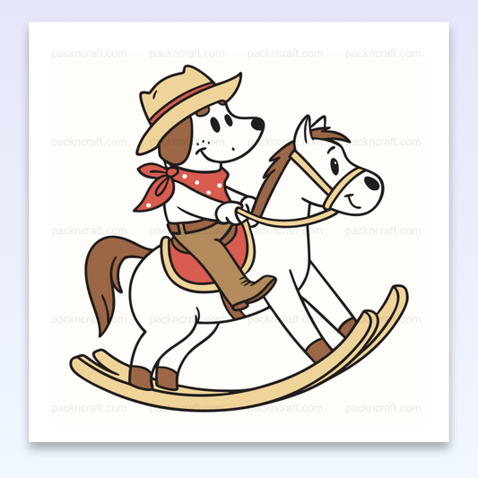 Illustration vectorielle d'un chien cow-boy sur un cheval à bascule, idéale pour déco et projets créatifs.