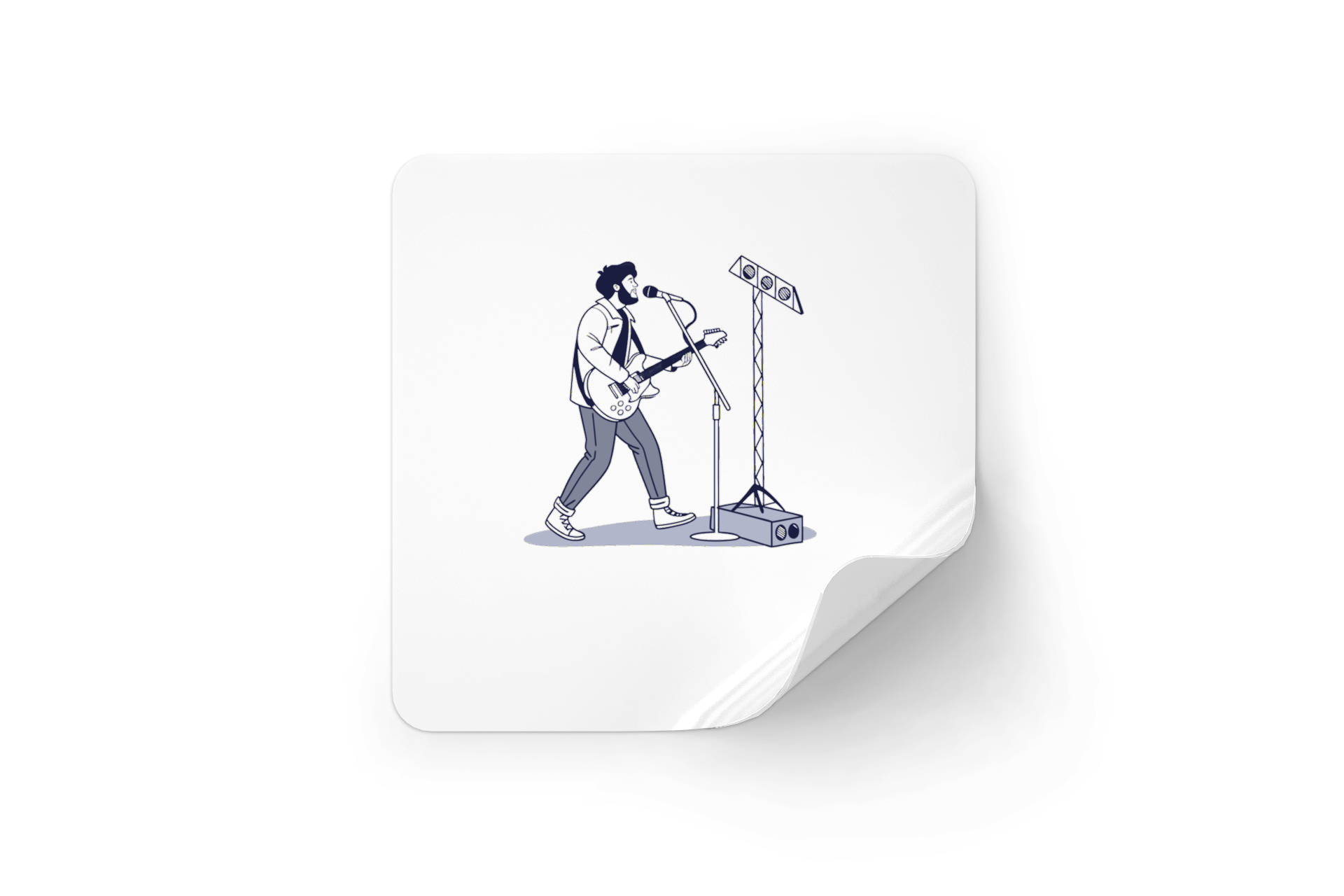 Sticker chanteur de concert illustré, utilisation DIY, déco., Illustration de concert dynamique, design vectoriel, projet créatif., Cadre illustrant un guitariste sur scène, art numérique DIY., Tasse stylisée avec scène de concert, design musical créatif., T-shirt imprimé avec design de guitariste, mode DIY personnelle.