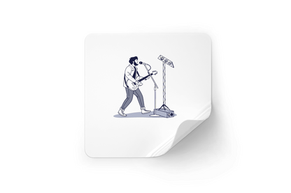 Sticker chanteur de concert illustré, utilisation DIY, déco., Illustration de concert dynamique, design vectoriel, projet créatif., Cadre illustrant un guitariste sur scène, art numérique DIY., Tasse stylisée avec scène de concert, design musical créatif., T-shirt imprimé avec design de guitariste, mode DIY personnelle.