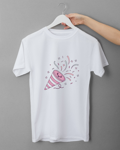Design de t-shirt avec canon à confettis kawaii et joyeux
