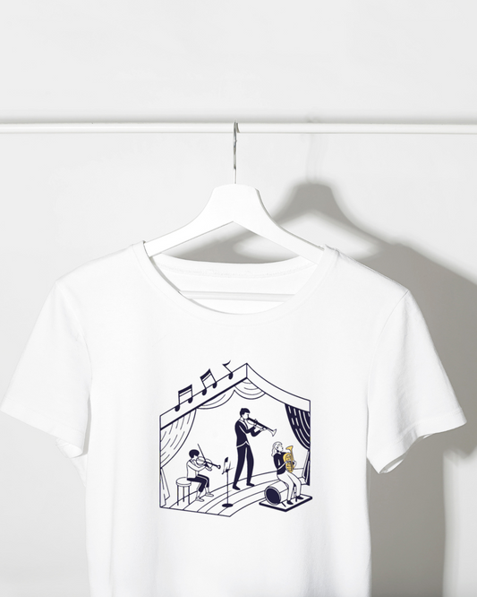 T-shirt concert élégant en style monochrome avec musiciens en scène