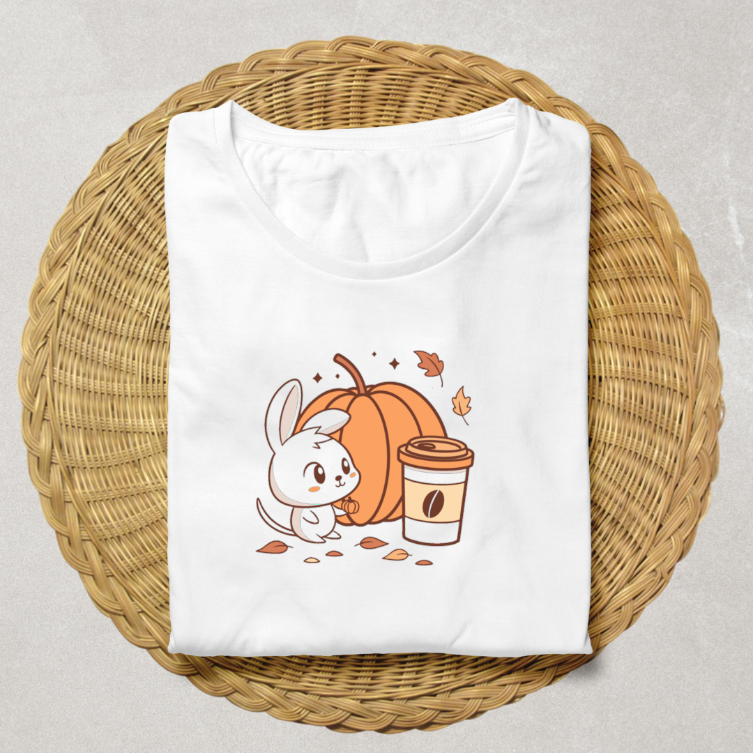 T-shirt convivial avec lapin adorable et citrouille, ambiance automne kawaii