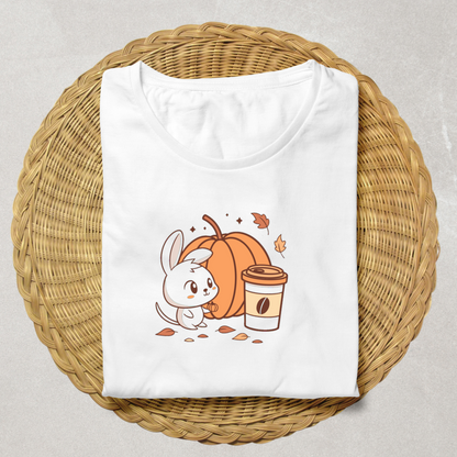 T-shirt convivial avec lapin adorable et citrouille, ambiance automne kawaii