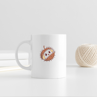 Mug d'automne avec une châtaigne kawaii joyeuse sur fond orangé