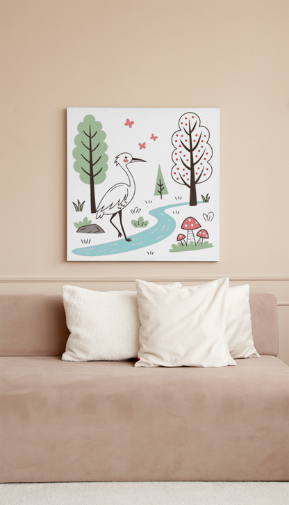 Cadre avec illustration héron au bord de l'eau, ambiance nature paisible