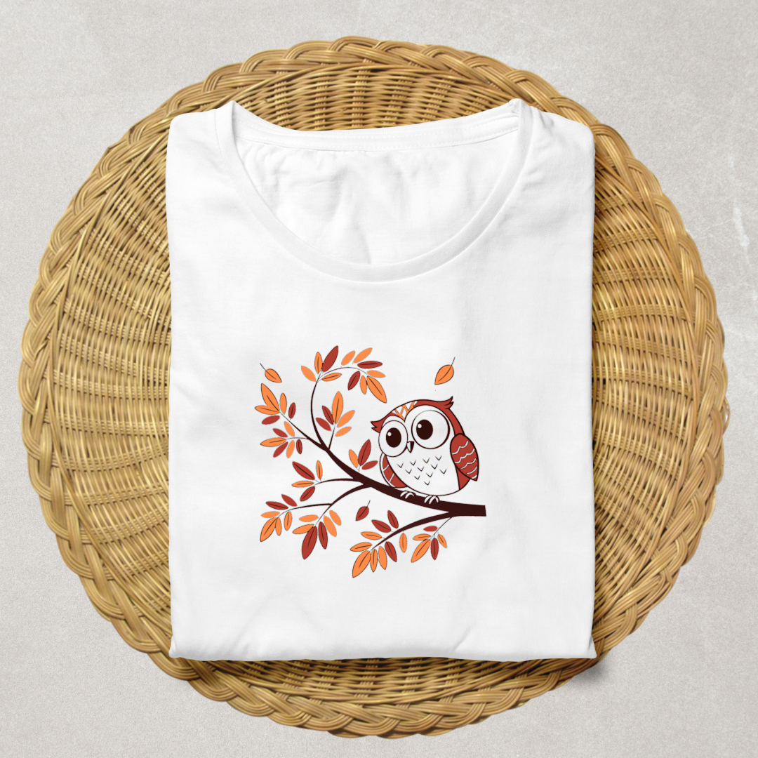 T-shirt vintage avec hibou curieux sur branche dans une scène automnale