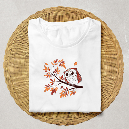 T-shirt vintage avec hibou curieux sur branche dans une scène automnale