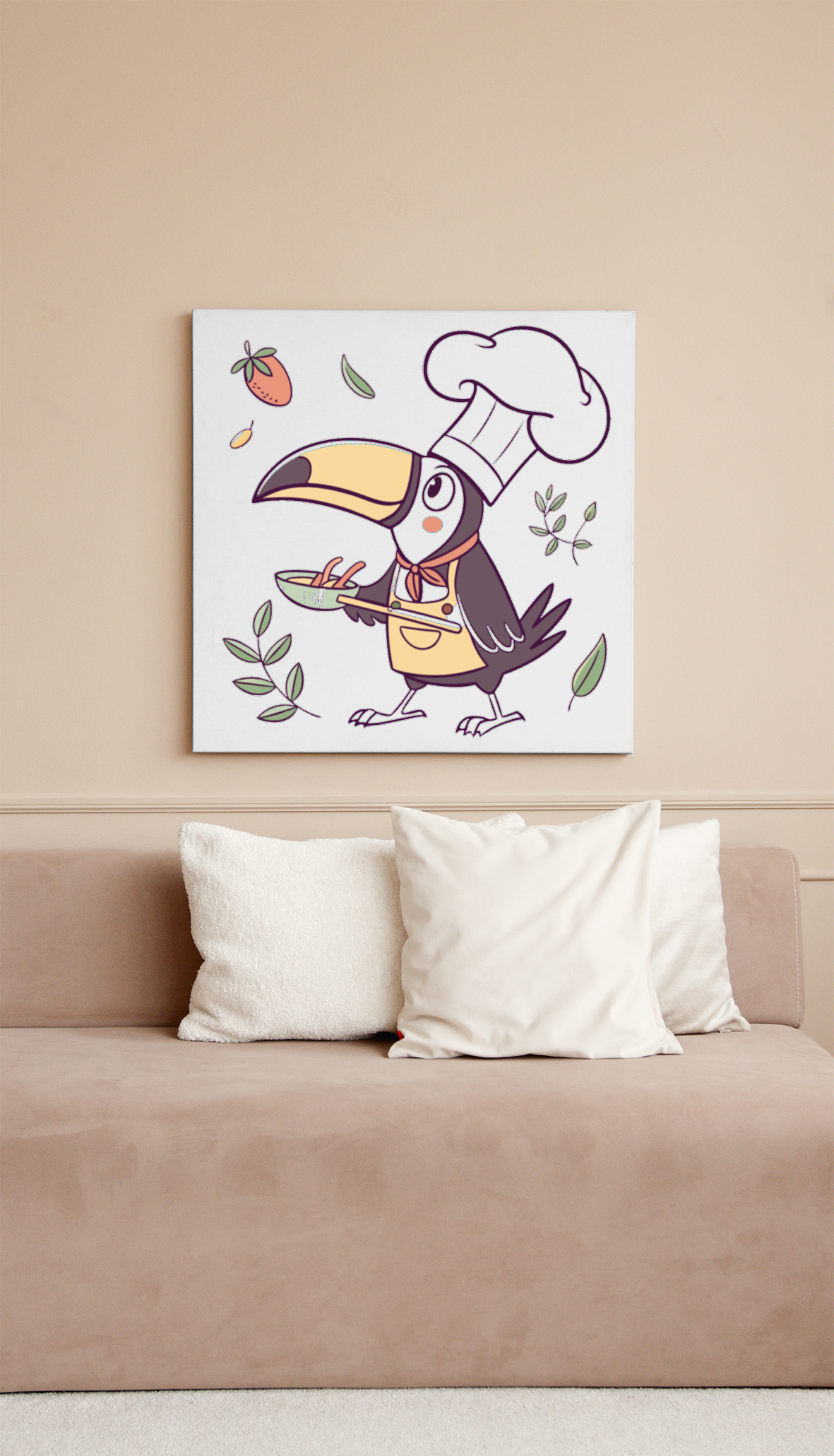 Cadre avec toucan chef en pastel sur fond cuisine créative élégant et décoratif