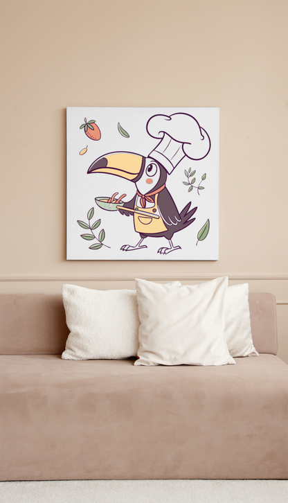 Cadre avec toucan chef en pastel sur fond cuisine créative élégant et décoratif