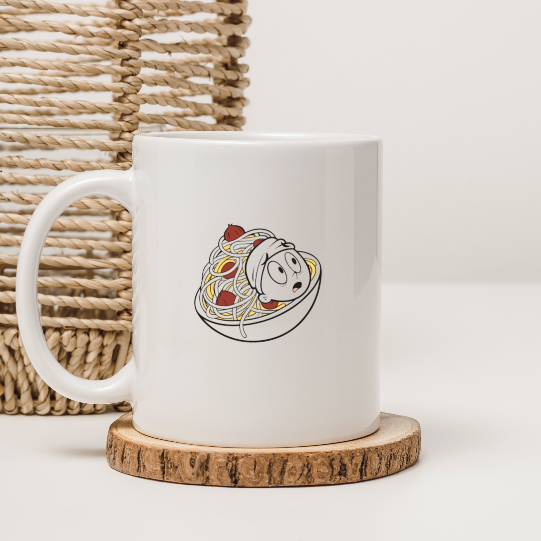 Mug avec personnage stupéfait noyé dans des spaghettis en style doodle amusant