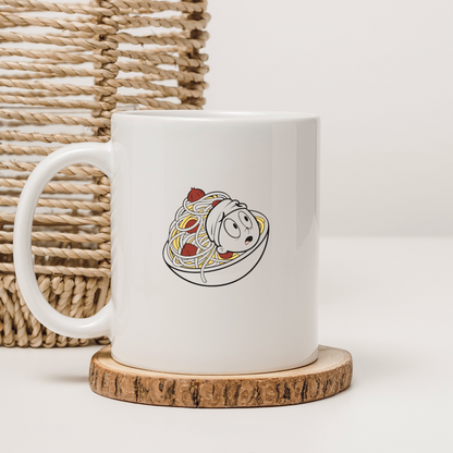 Mug avec personnage stupéfait noyé dans des spaghettis en style doodle amusant