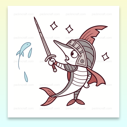 Illustration kawaii de poisson épéiste en armure, idéale pour projets marins.