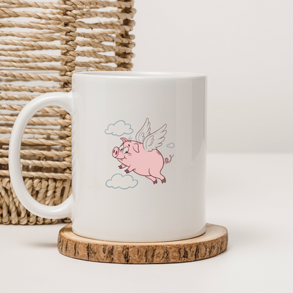 Mug affichant un cochon volant joyeux dans un style fantaisie et dessin animé